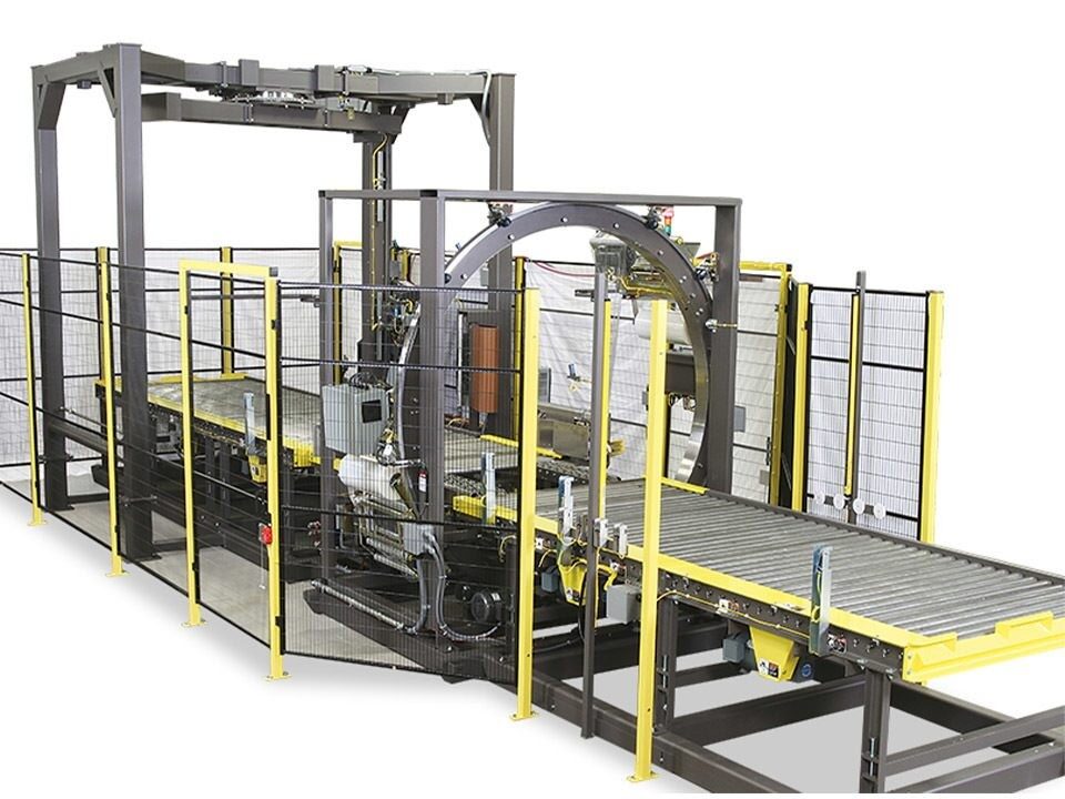 Fully automatic inline conveyor stretch wrap system with safety guarding