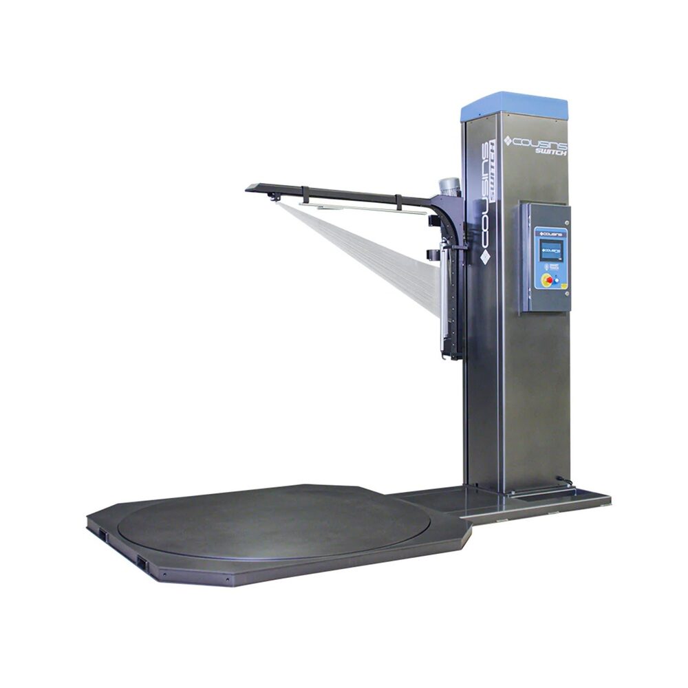 Semi-automatic turntable stretch wrap machine for pallets, sold in Houston